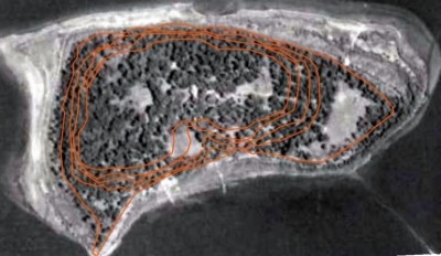 Figure 2: 1940s aerial imagery of Coney Island of the West, courtesy of the John R. Borchert Map Library of the University of Minnesota – Twin Cities. Contour lines drawn by the author using a USGS topo map overlay are represented by the orange lines. Top of photo is north.